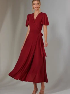 Plain Angel Sleeve Wrapped Maxi Dress, Brick Red
