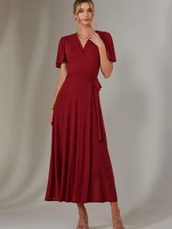 Plain Angel Sleeve Wrapped Maxi Dress, Brick Red