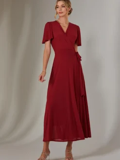 Plain Angel Sleeve Wrapped Maxi Dress, Brick Red