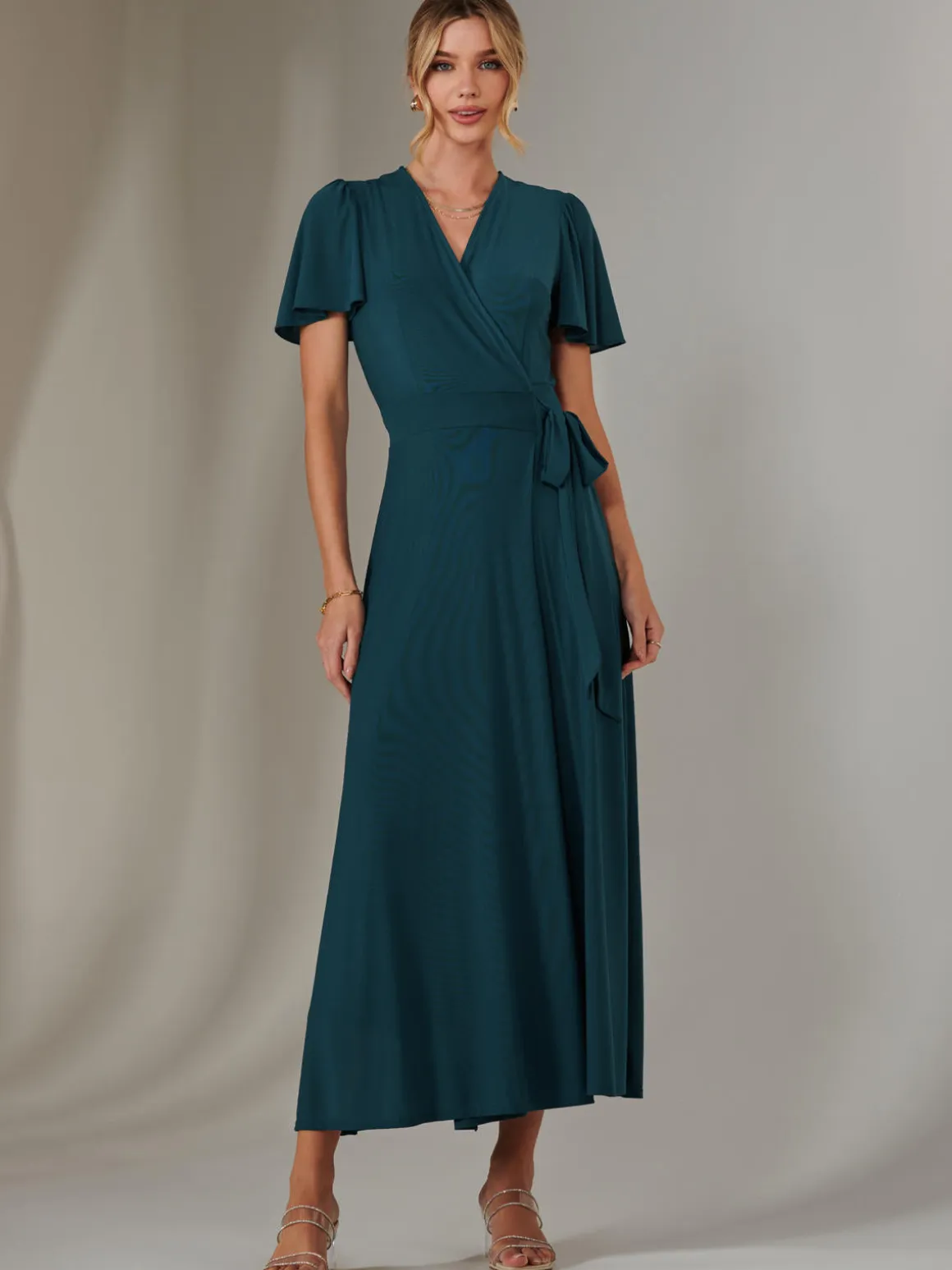 Plain Angel Sleeve Wrapped Maxi Dress, Dark Teal