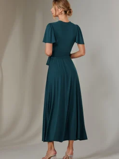 Plain Angel Sleeve Wrapped Maxi Dress, Dark Teal