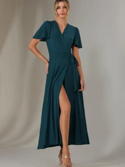 Plain Angel Sleeve Wrapped Maxi Dress, Dark Teal