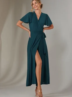 Plain Angel Sleeve Wrapped Maxi Dress, Dark Teal