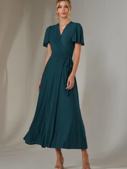 Plain Angel Sleeve Wrapped Maxi Dress, Dark Teal