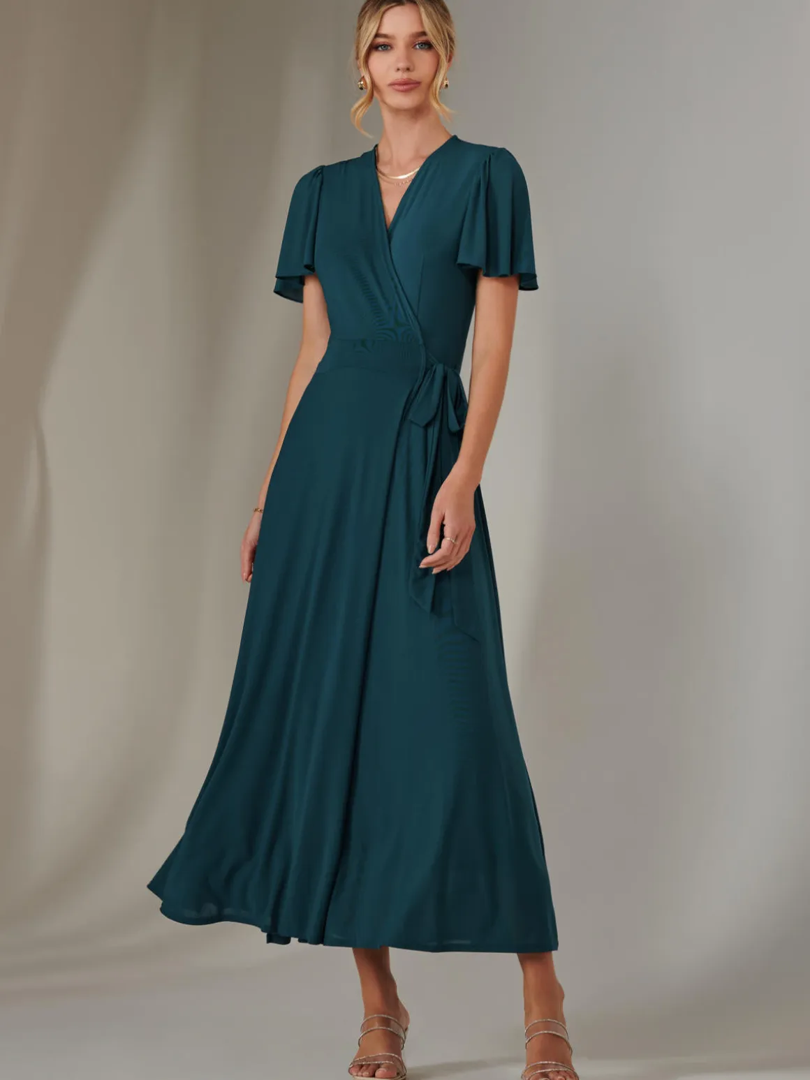 Plain Angel Sleeve Wrapped Maxi Dress, Dark Teal