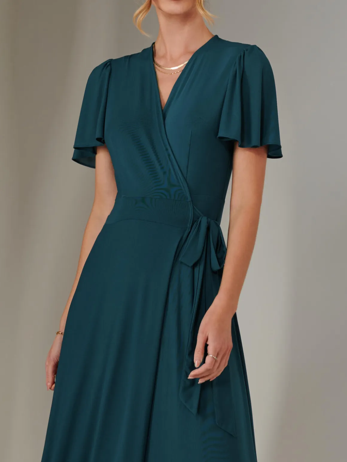 Plain Angel Sleeve Wrapped Maxi Dress, Dark Teal