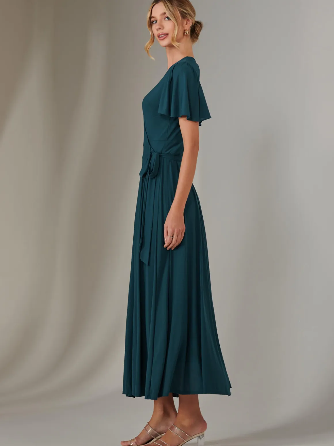 Plain Angel Sleeve Wrapped Maxi Dress, Dark Teal