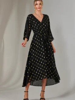 Plain Gold Spot Chiffon Dress, Black/Gold