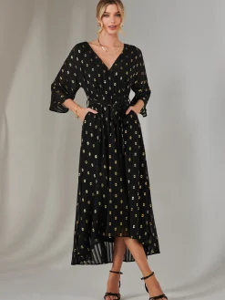 Plain Gold Spot Chiffon Dress, Black/Gold