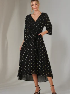 Plain Gold Spot Chiffon Dress, Black/Gold