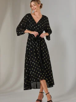 Plain Gold Spot Chiffon Dress, Black/Gold