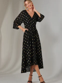 Plain Gold Spot Chiffon Dress, Black/Gold