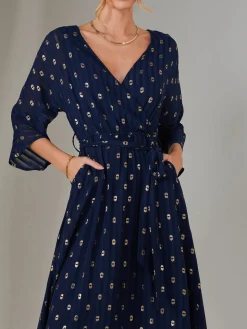 Plain Gold Spot Chiffon Dress, Navy/Gold