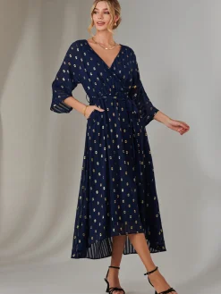Plain Gold Spot Chiffon Dress, Navy/Gold