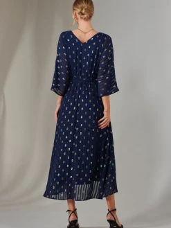 Plain Gold Spot Chiffon Dress, Navy/Gold