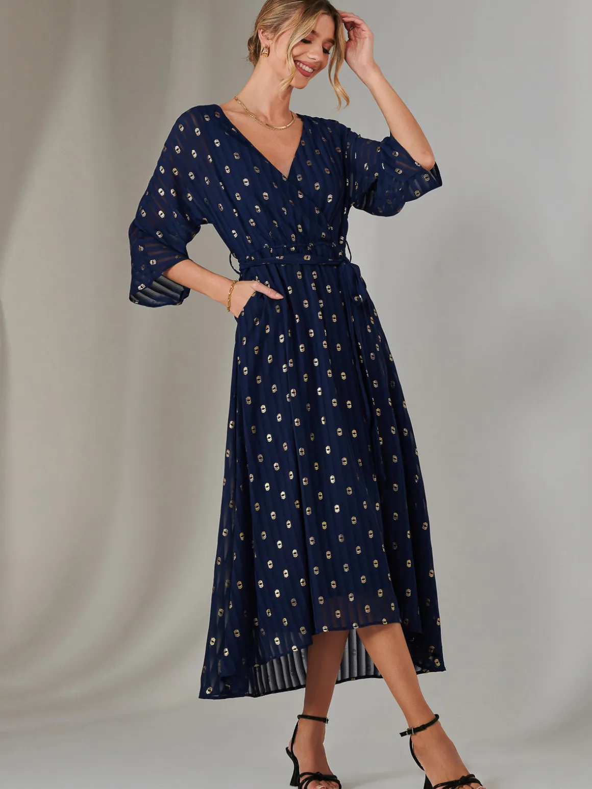 Plain Gold Spot Chiffon Dress, Navy/Gold