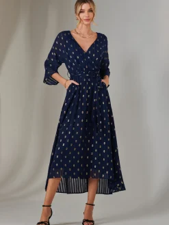 Plain Gold Spot Chiffon Dress, Navy/Gold