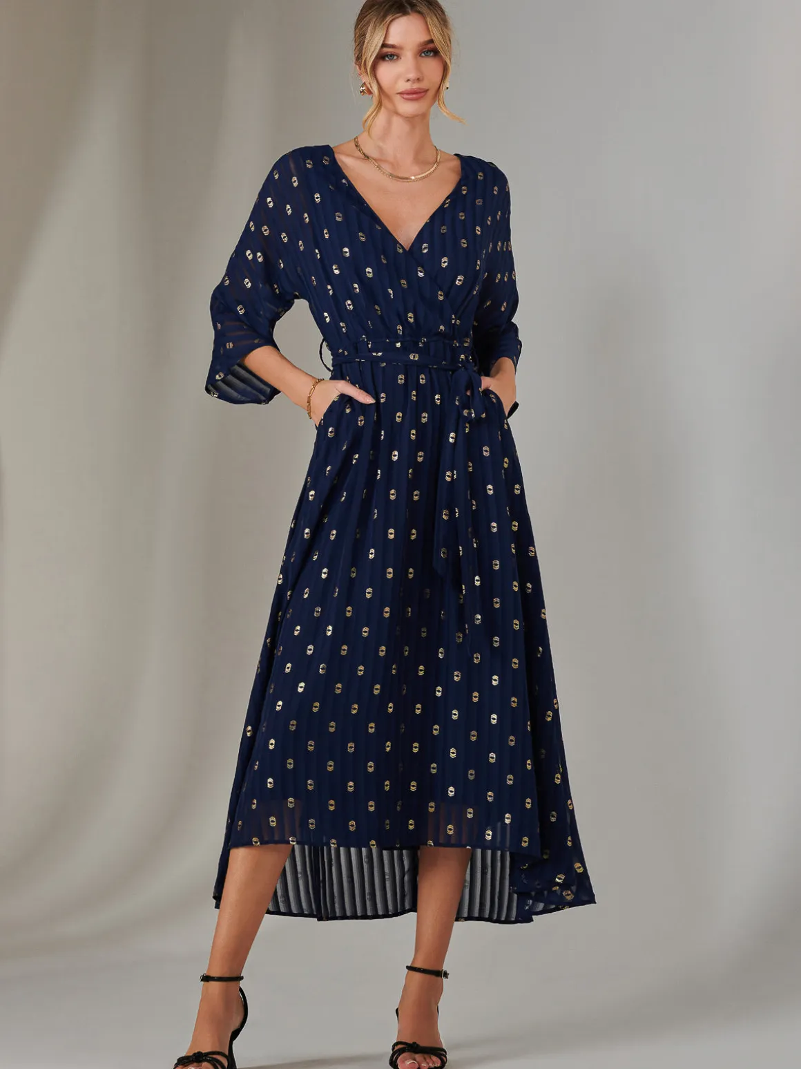 Plain Gold Spot Chiffon Dress, Navy/Gold
