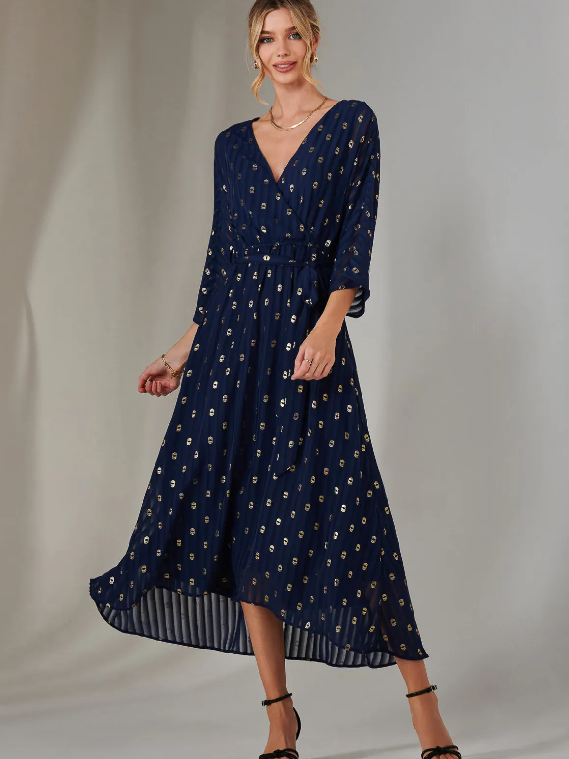 Plain Gold Spot Chiffon Dress, Navy/Gold