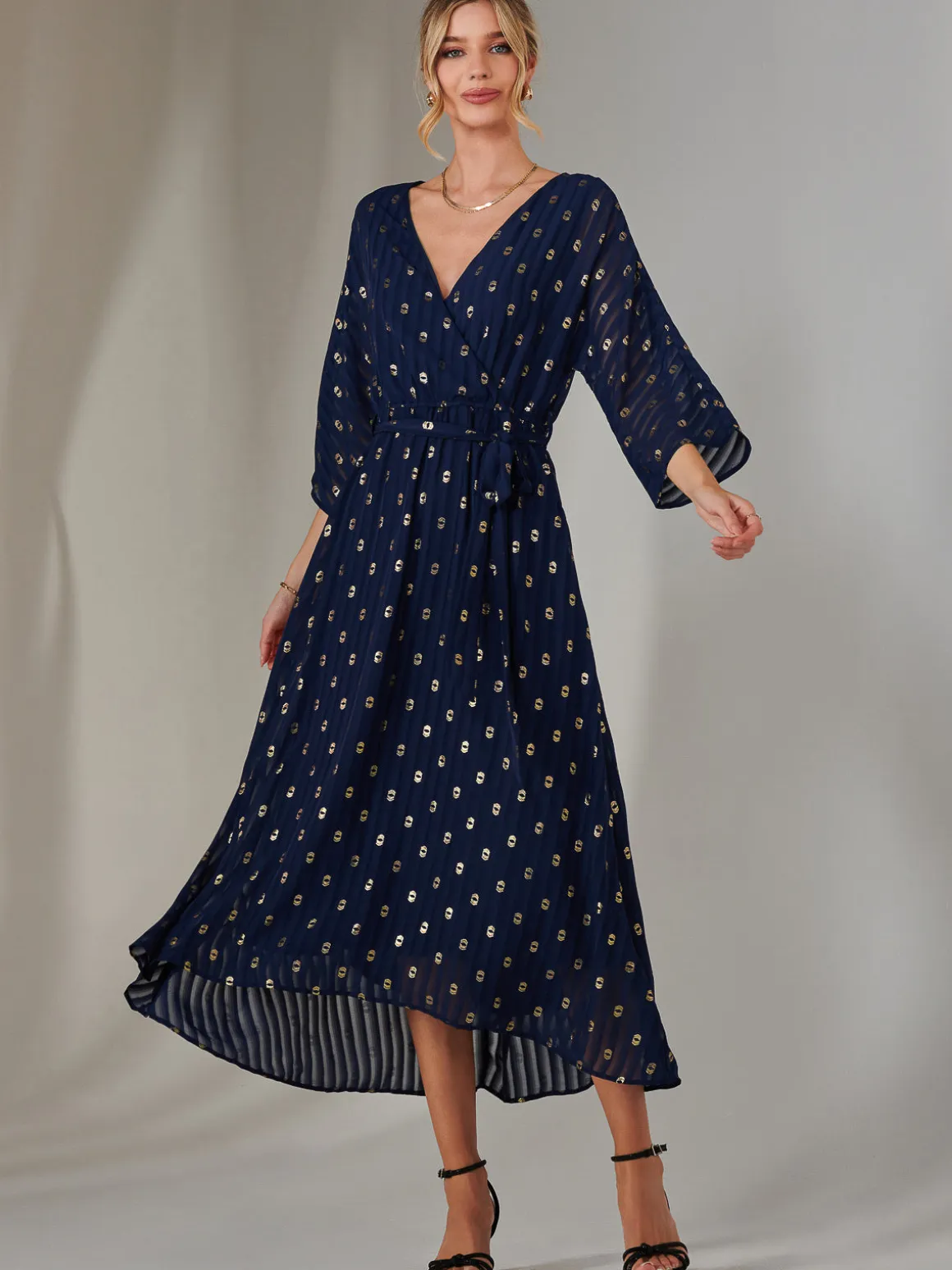 Plain Gold Spot Chiffon Dress, Navy/Gold