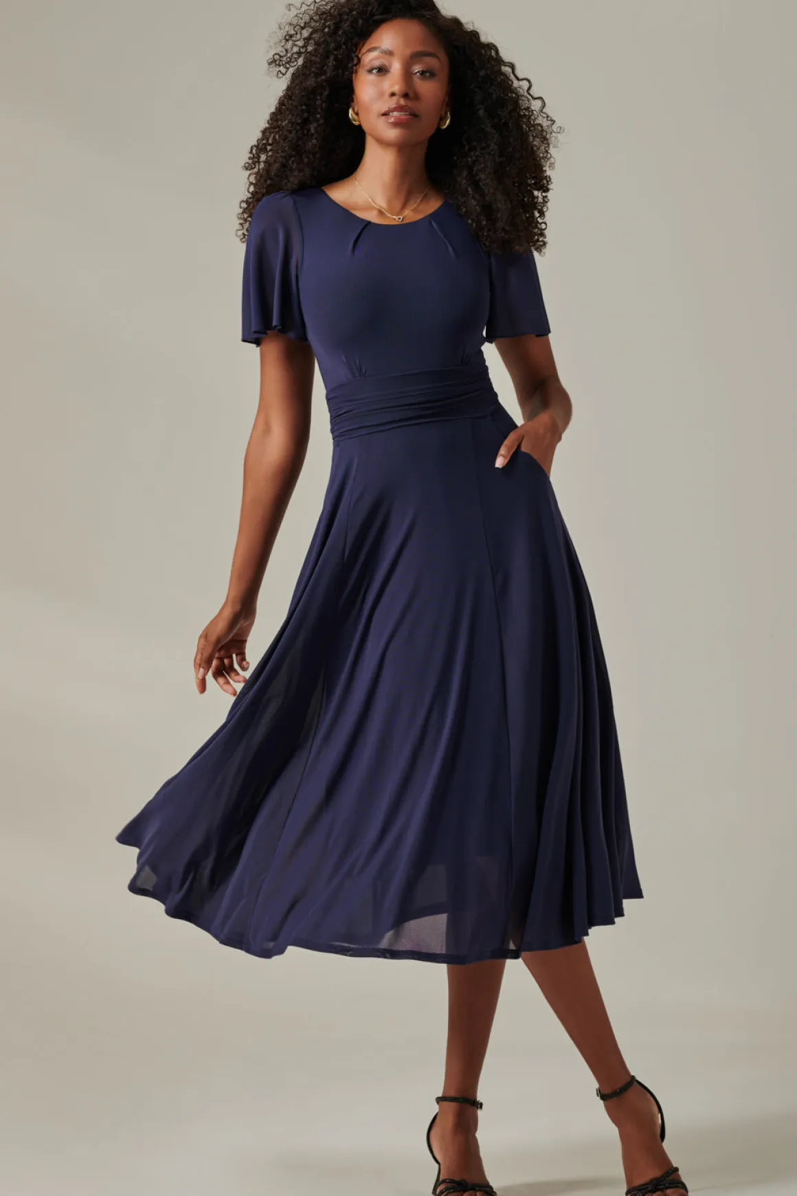 Plain Mesh Floaty Sleeve Midaxi Dress, Navy