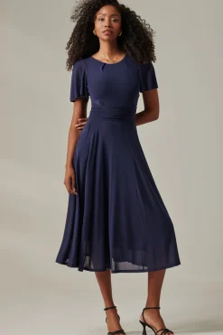 Plain Mesh Floaty Sleeve Midaxi Dress, Navy