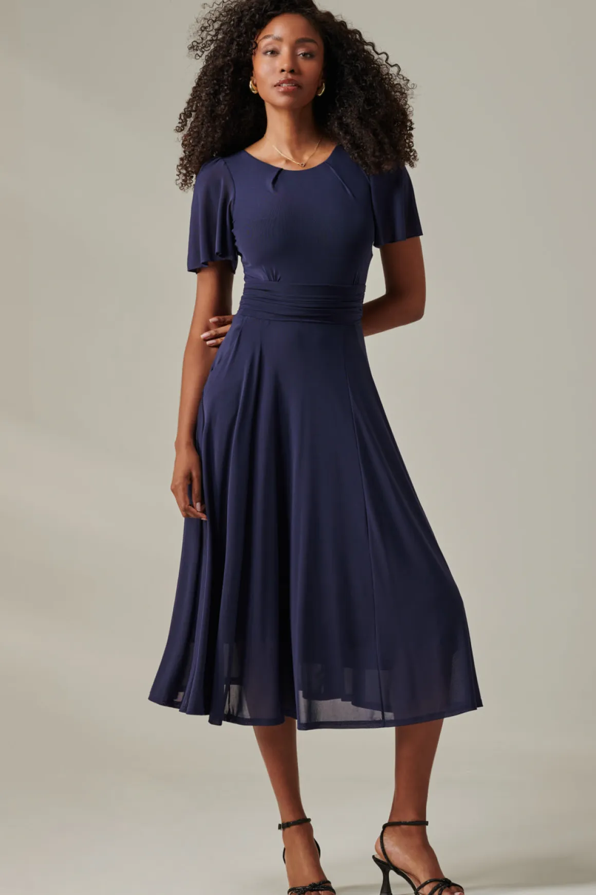 Plain Mesh Floaty Sleeve Midaxi Dress, Navy