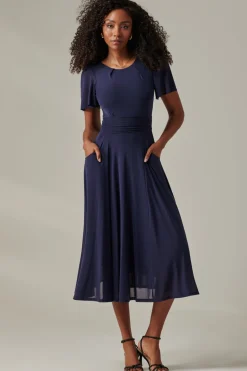 Plain Mesh Floaty Sleeve Midaxi Dress, Navy