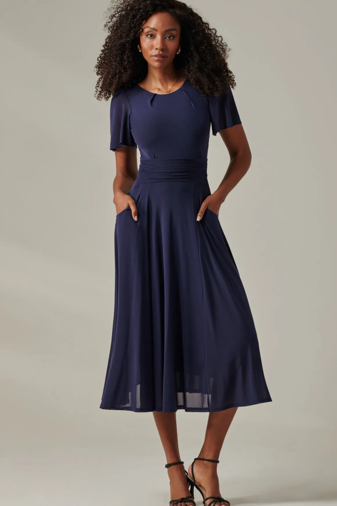Plain Mesh Floaty Sleeve Midaxi Dress, Navy