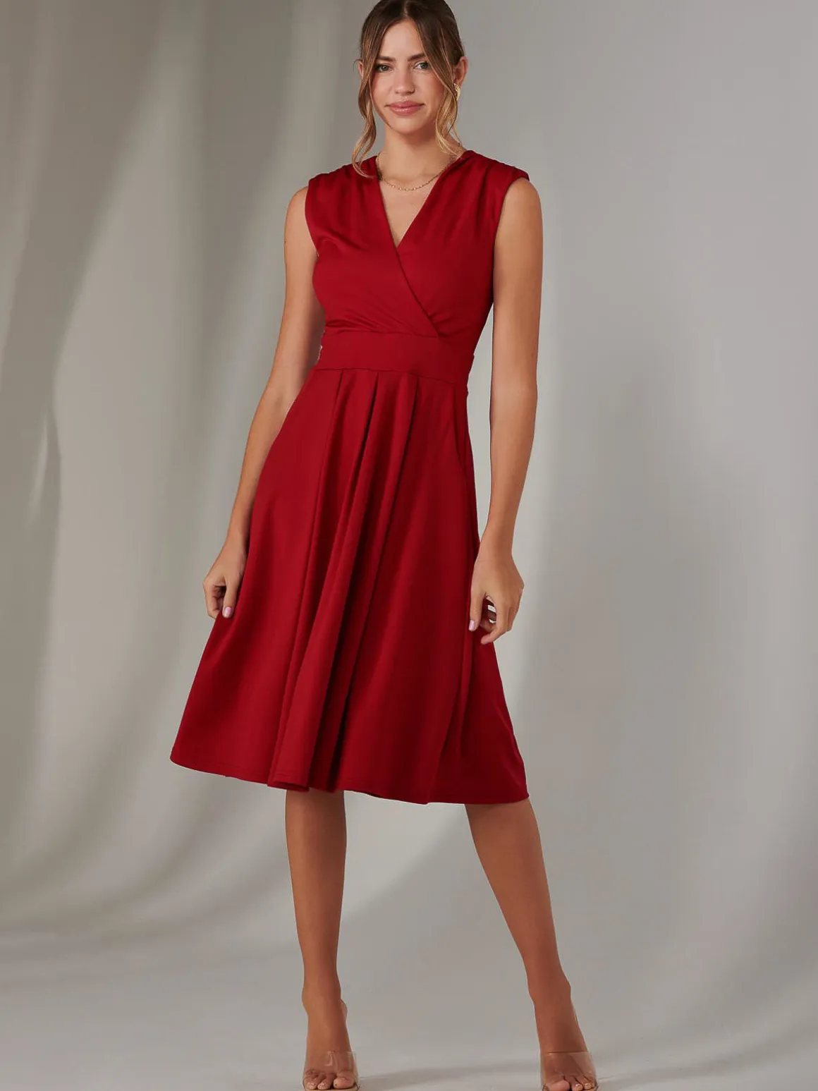 Plain Sleeveless Midi Dress, Burgundy