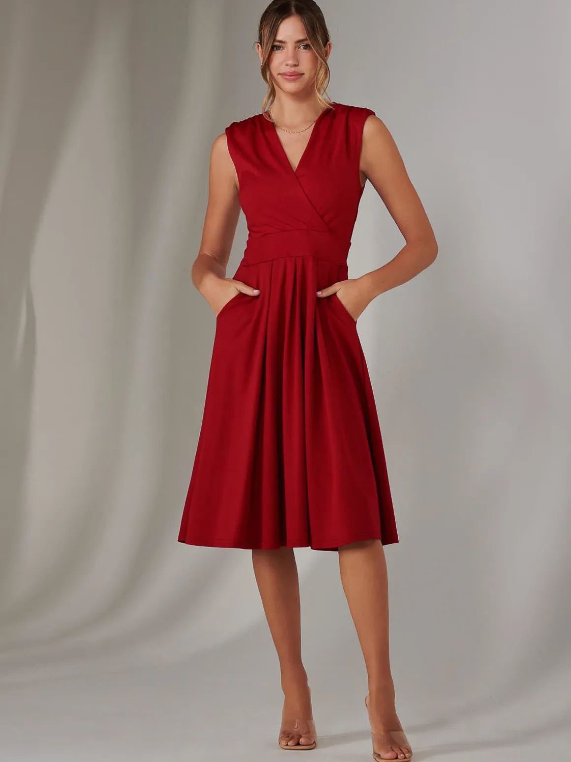 Plain Sleeveless Midi Dress, Burgundy