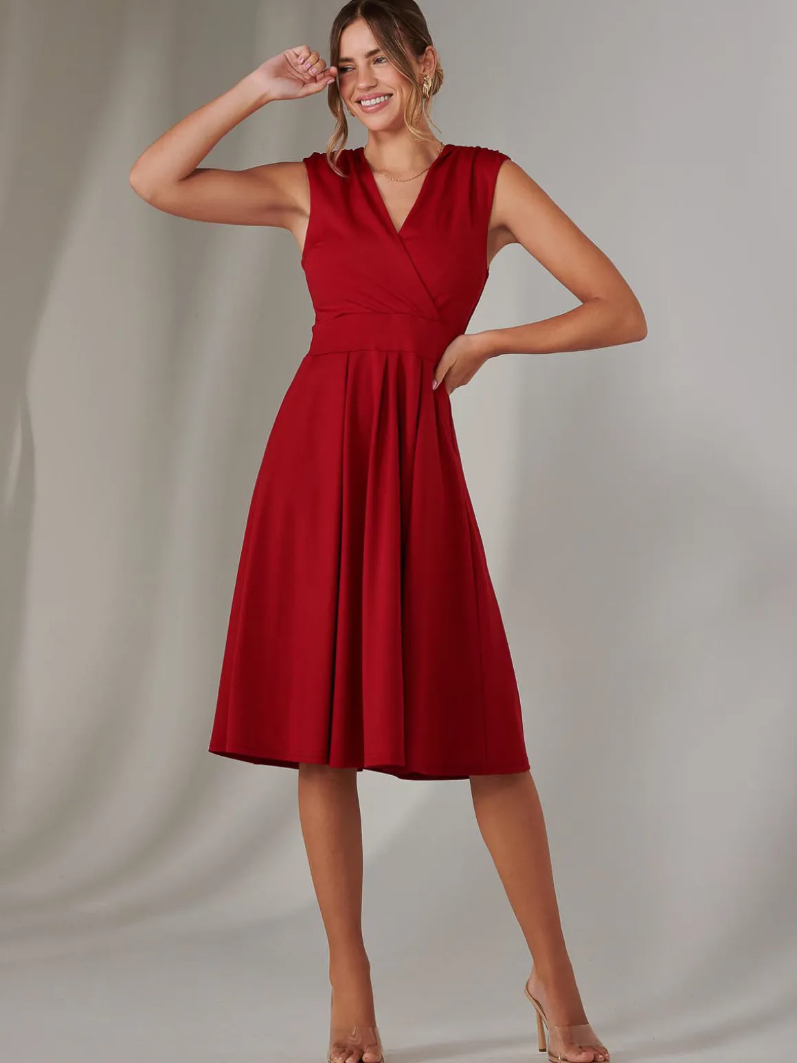 Plain Sleeveless Midi Dress, Burgundy