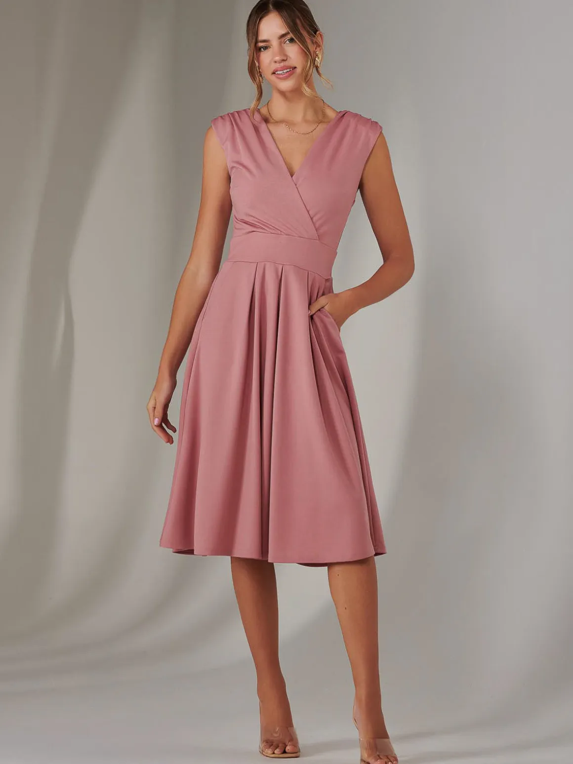 Plain Sleeveless Midi Dress, Dusty Pink