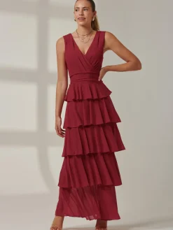 Plain Tiered Mesh Maxi Dress, Burgundy