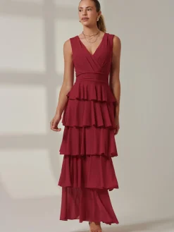 Plain Tiered Mesh Maxi Dress, Burgundy