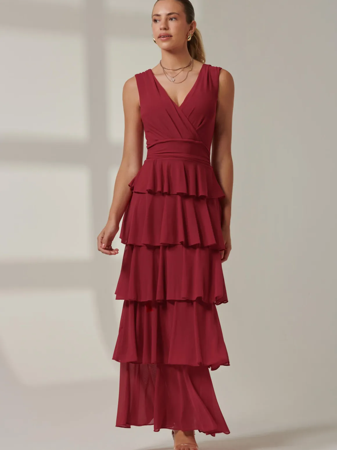 Plain Tiered Mesh Maxi Dress, Burgundy