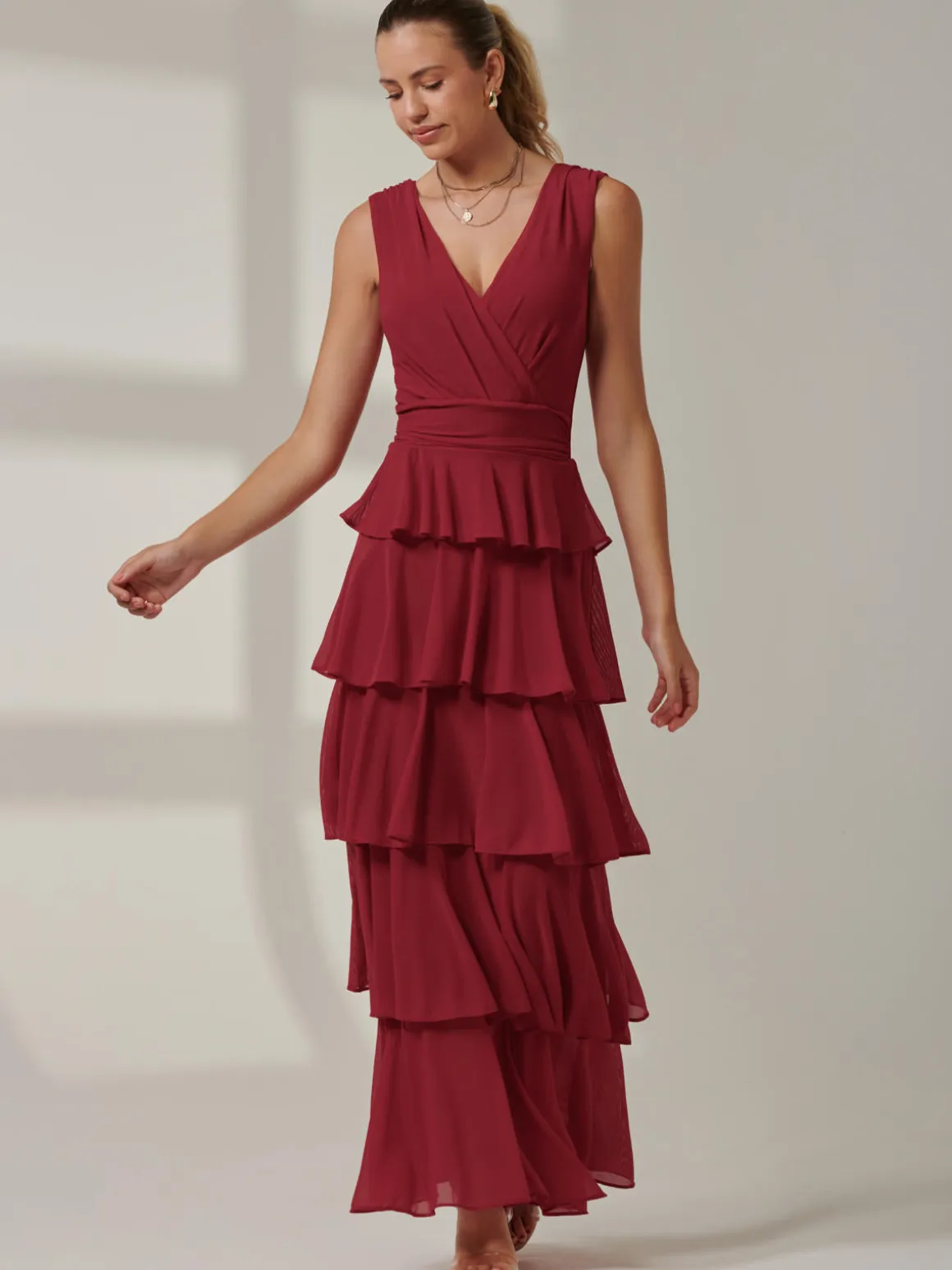 Plain Tiered Mesh Maxi Dress, Burgundy