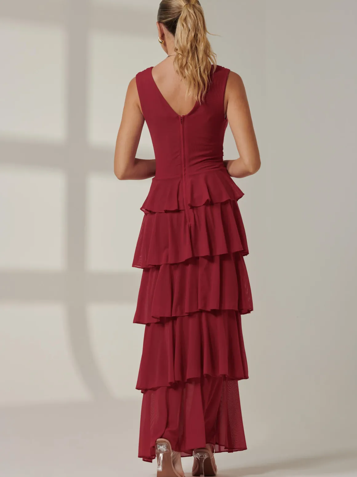 Plain Tiered Mesh Maxi Dress, Burgundy