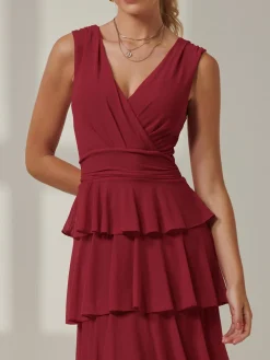 Plain Tiered Mesh Maxi Dress, Burgundy