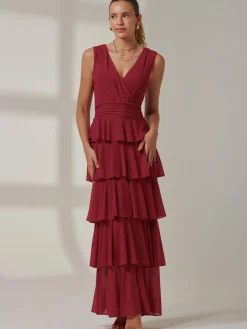 Plain Tiered Mesh Maxi Dress, Burgundy