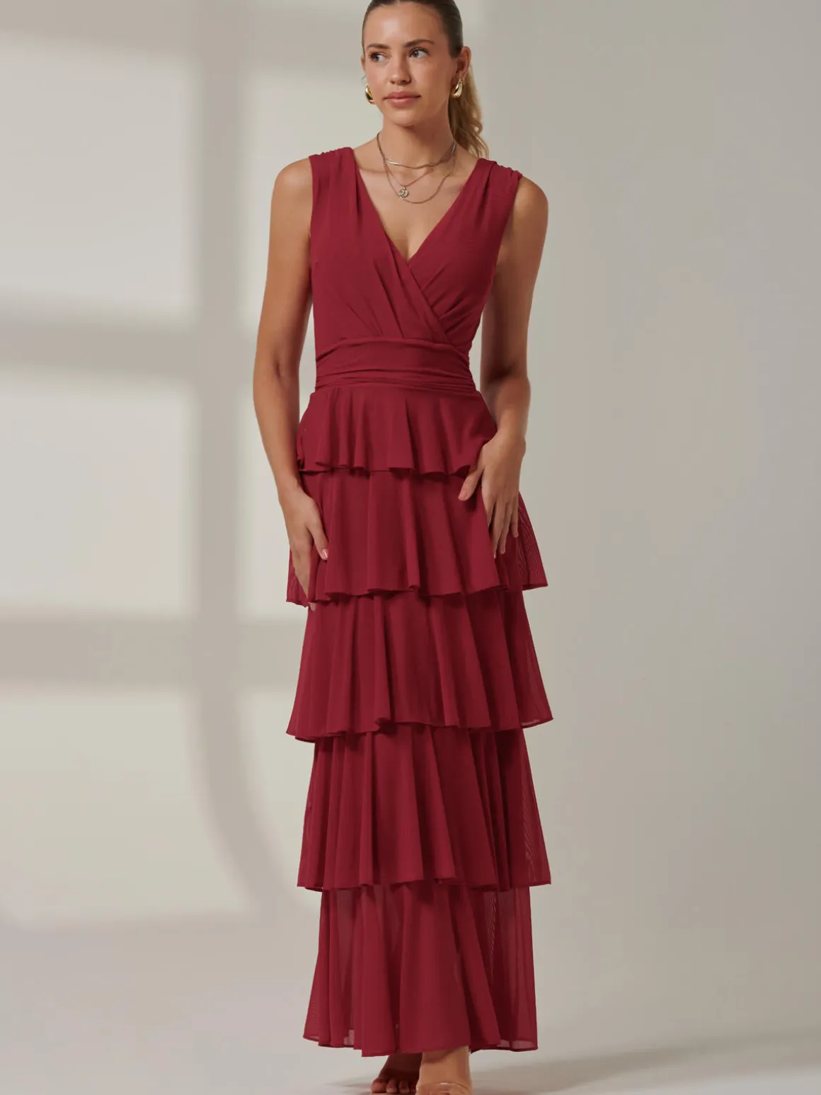 Plain Tiered Mesh Maxi Dress, Burgundy