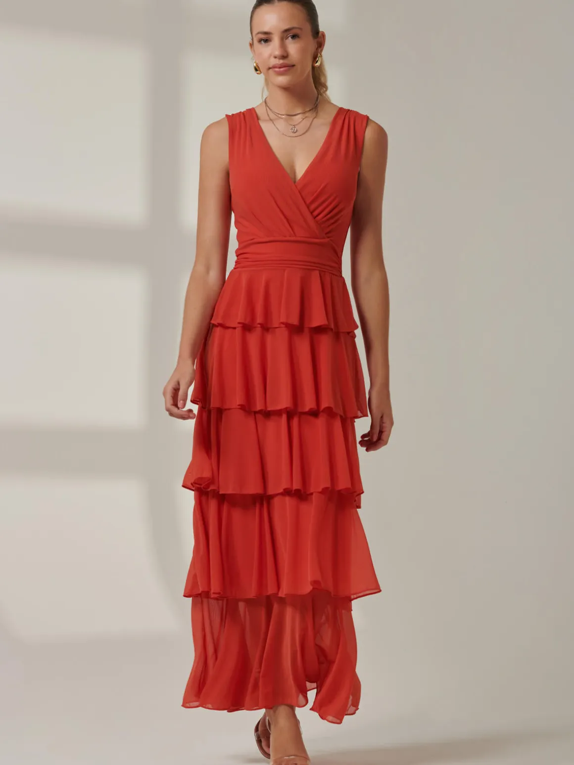 Plain Tiered Mesh Maxi Dress, Dark Orange