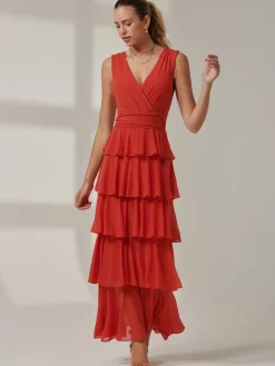 Plain Tiered Mesh Maxi Dress, Dark Orange