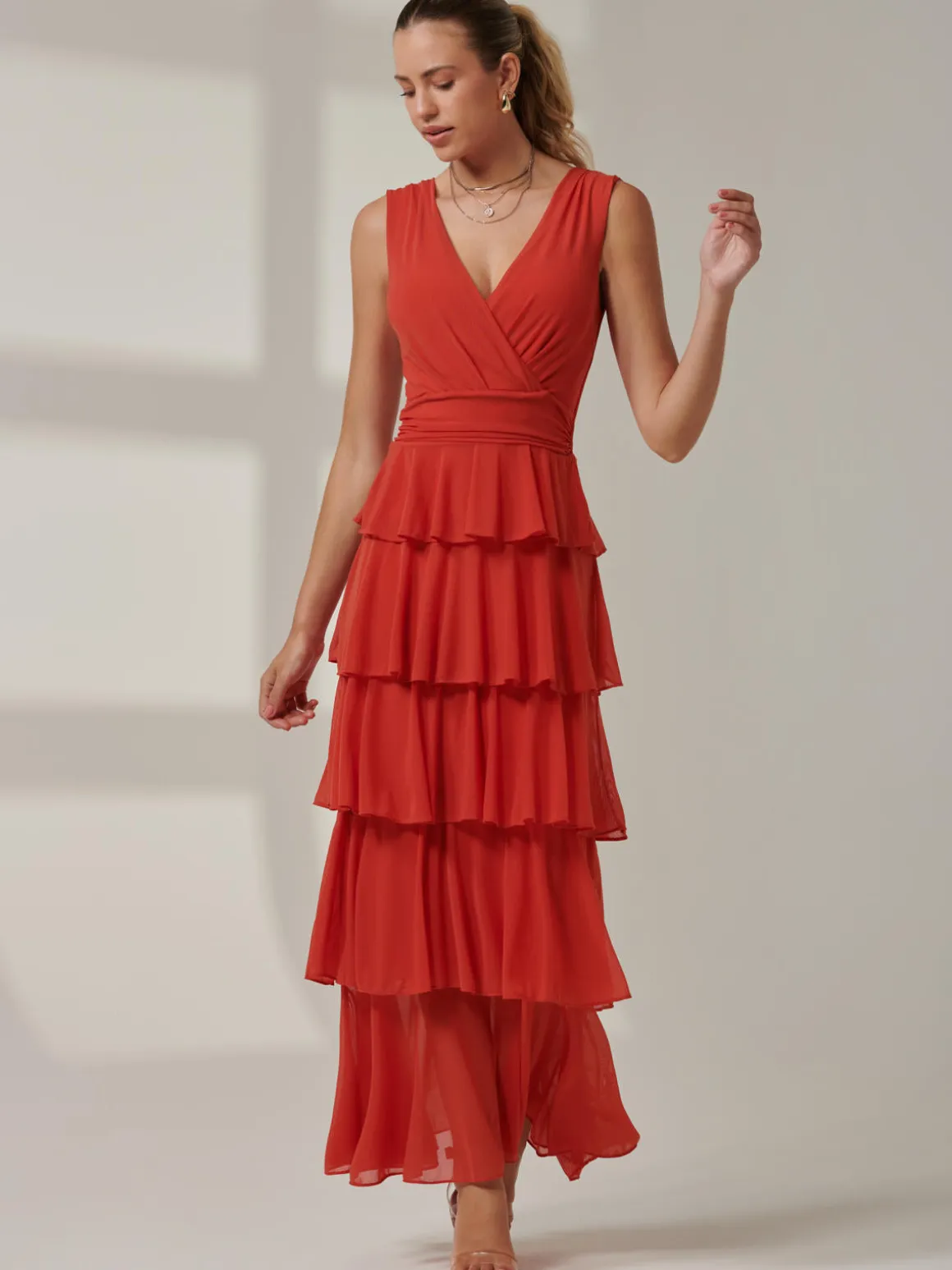 Plain Tiered Mesh Maxi Dress, Dark Orange