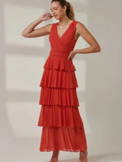 Plain Tiered Mesh Maxi Dress, Dark Orange