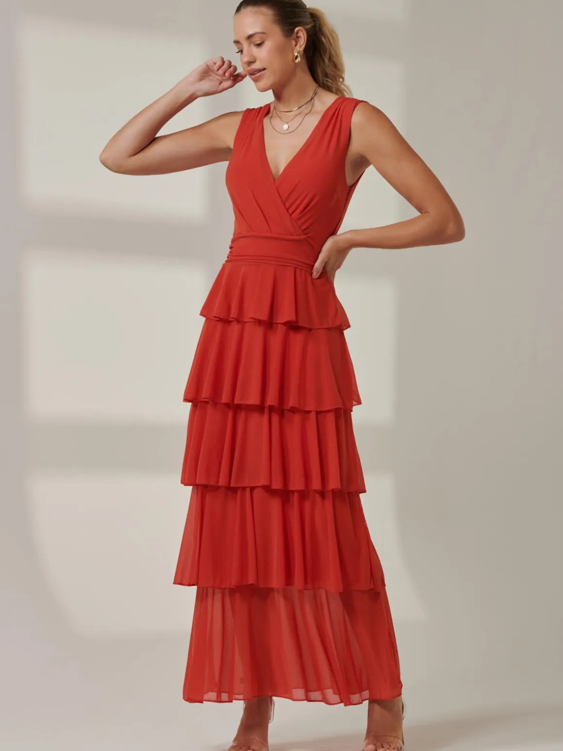 Plain Tiered Mesh Maxi Dress, Dark Orange