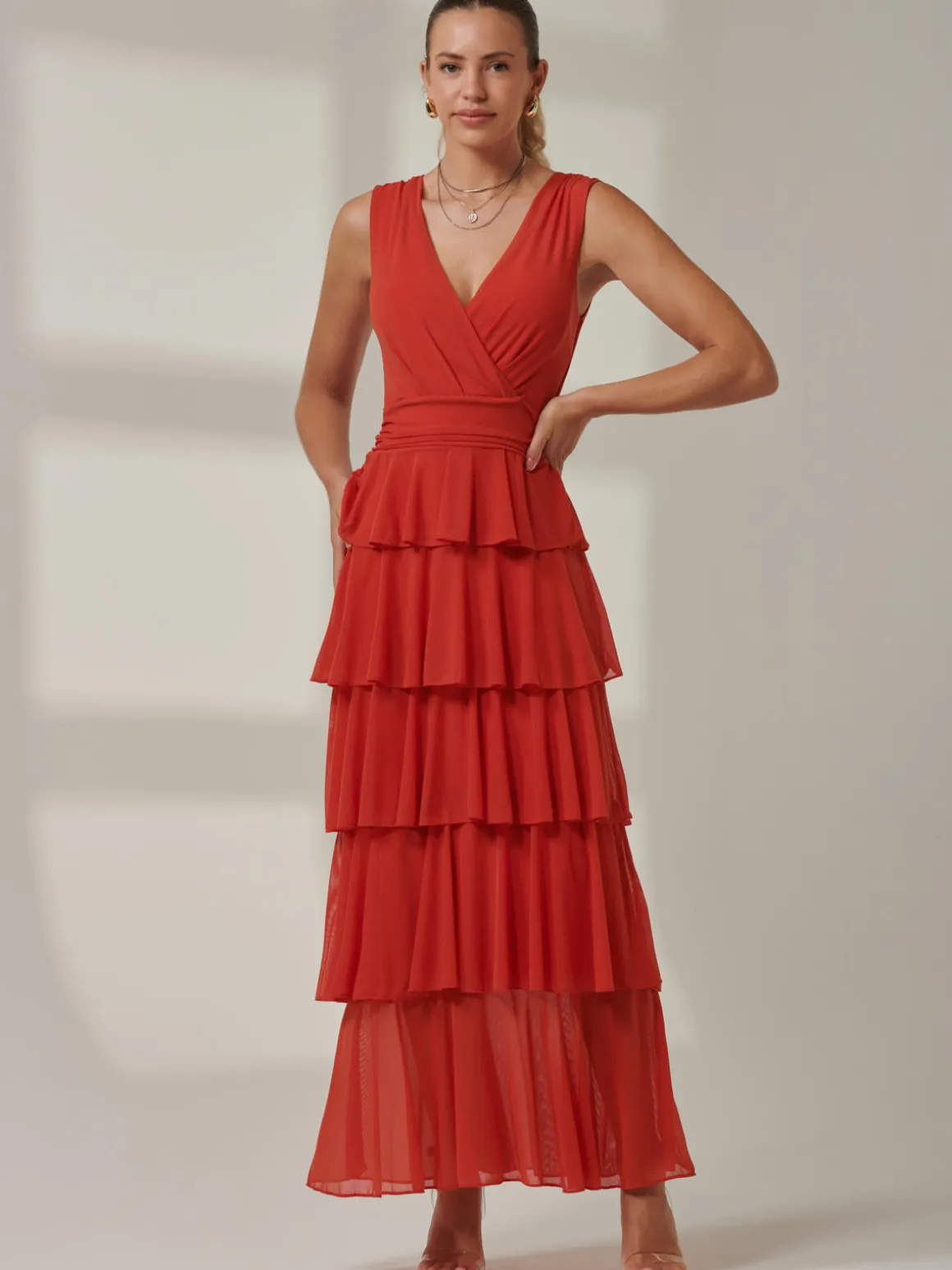 Plain Tiered Mesh Maxi Dress, Dark Orange
