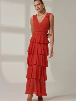 Plain Tiered Mesh Maxi Dress, Dark Orange