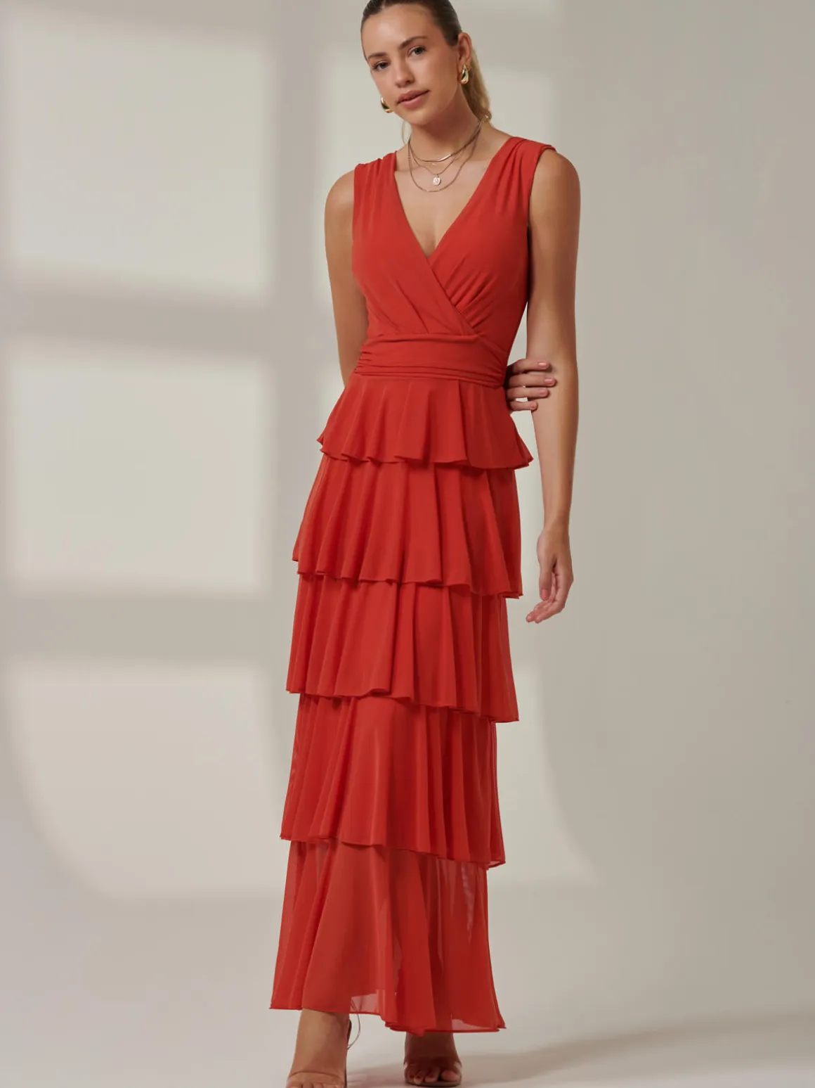 Plain Tiered Mesh Maxi Dress, Dark Orange