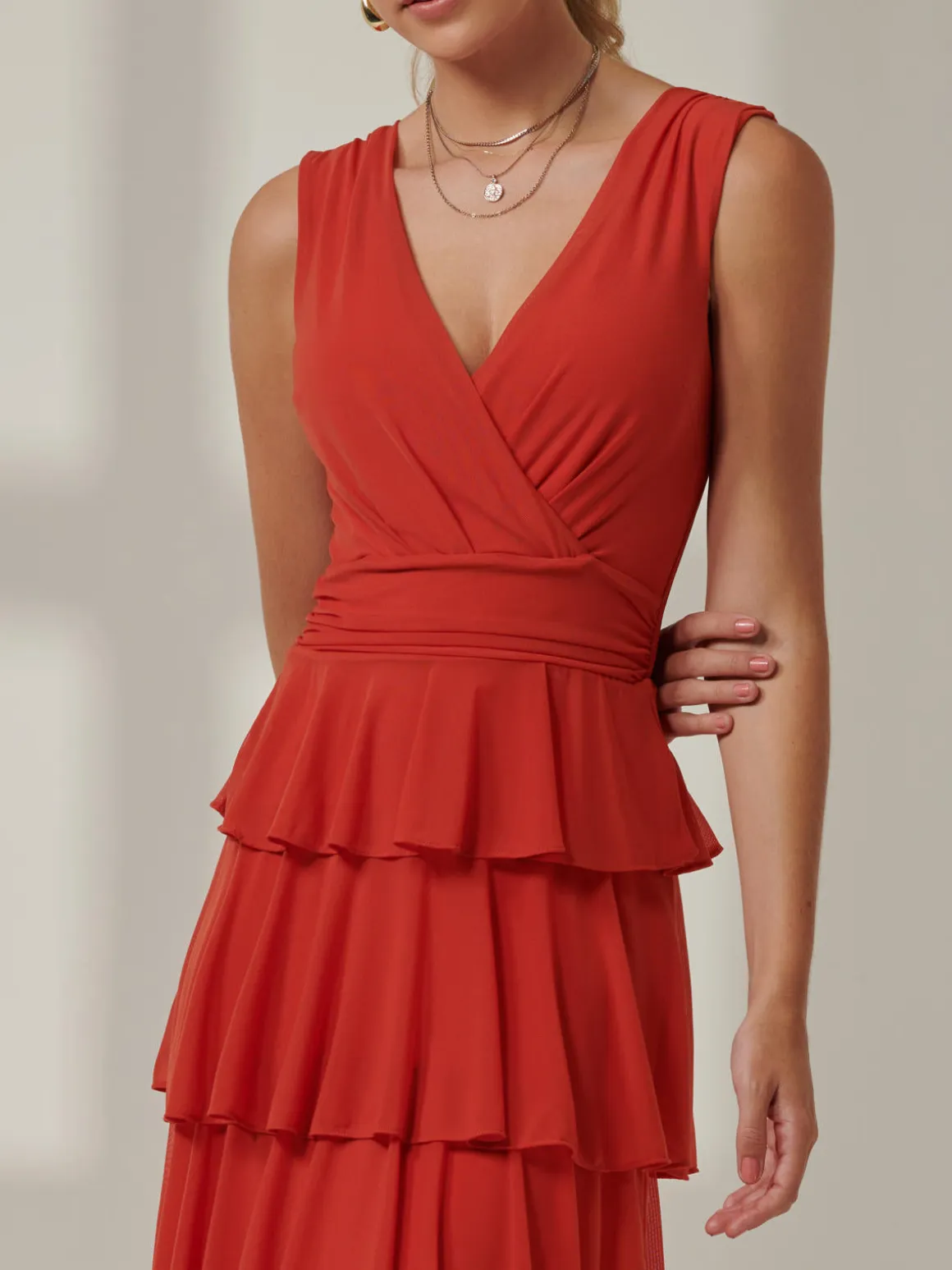 Plain Tiered Mesh Maxi Dress, Dark Orange